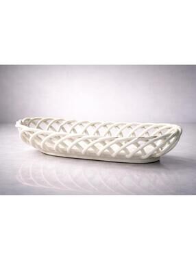 Eucalyptus Stoneware 1990s Snow White Lattice French Bread Basket, 15.5x6x3.5”